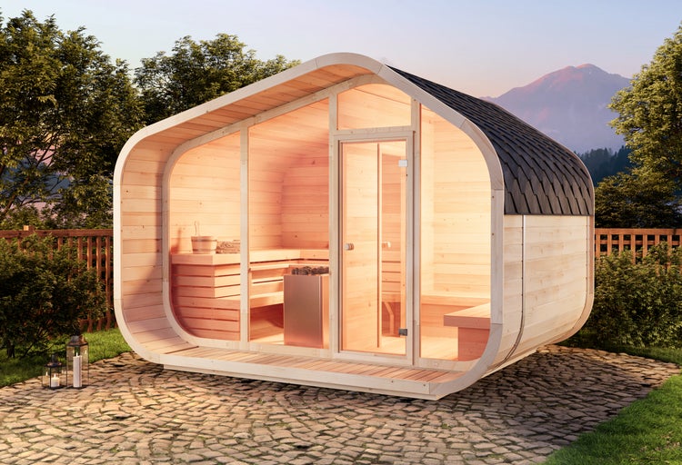 FinnTherm Fasssauna ScandiCube Wave Premium Fasssauna 3 Sitzbänke aus Holz Sauna mit 42 mm Wandstärke, Außensauna mit Montagematerial