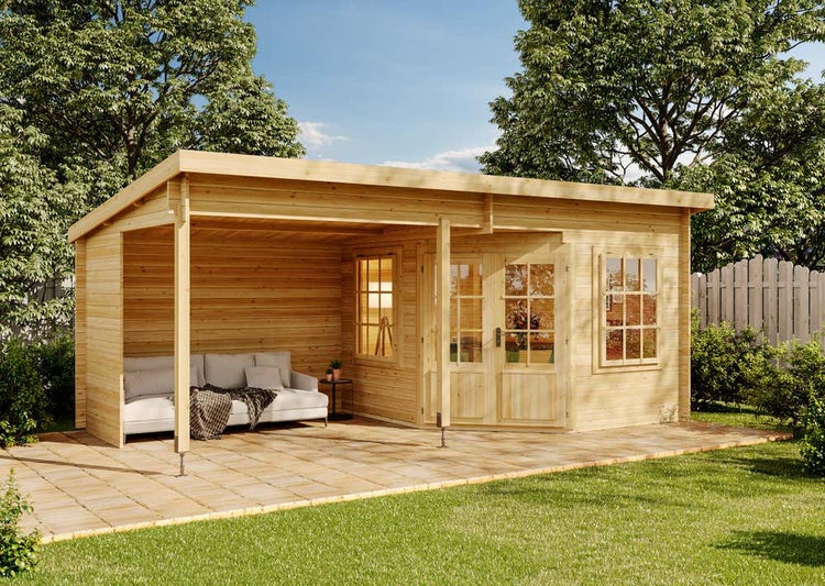 Alpholz Gartenhaus Carl-28 Gartenhaus aus Holz in natur, Holzhaus mit 28 mm Wandstärke inklusive Terrasse, Blockbohlenhaus mit Montagematerial imprägniert 6,2x3,3m