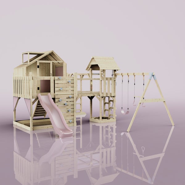 Spielturm mit Rutsche, Schaukel und Kletterwand für den Garten
