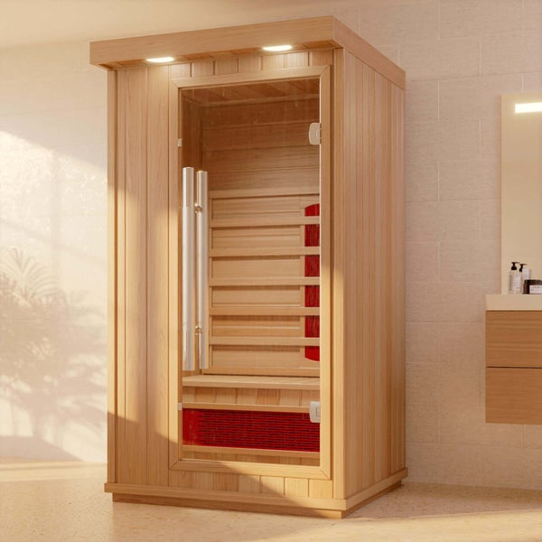 FinnTherm Infrarotkabine Freya Infrarotkabine 1 Sitzbänke aus Holz Saunakabine mit 45 mm Wandstärke, Systemsauna