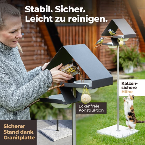 Vogelfutterhaus mit Futterschale, Futterknödelhalterung und Granitfuß für Stabilität