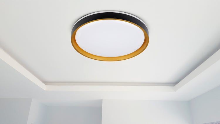 Runde Deckenleuchte mit goldfarbenem Akzent in einem hellen Raum