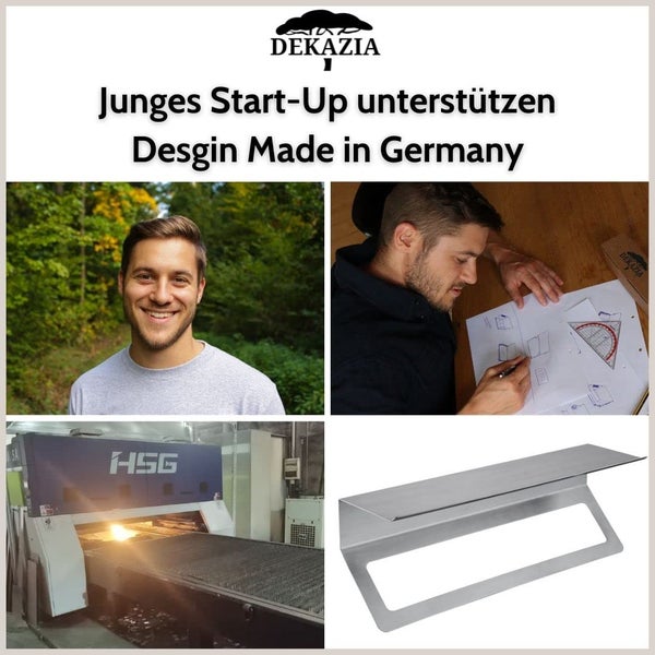 Dekazia Logo mit Bildern zu Entwicklung und Produktion einer Edelstahl-Wandhalterung als deutsches Start-up-Produkt.