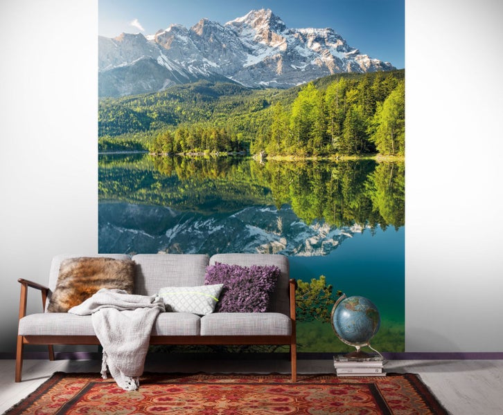 Fototapete mit Berglandschaft, See und Spiegelung im Wohnzimmer