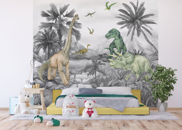 Kinderzimmer mit Dinosaurier Tapete, Bett und Dekoration
