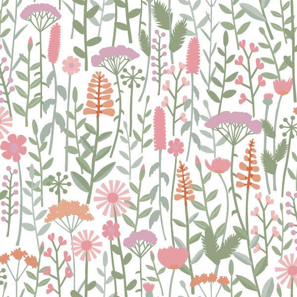 ESTAhome Tapete Feldblumen Grün, Weiß und Rosa - 50 x 900 cm - 131550