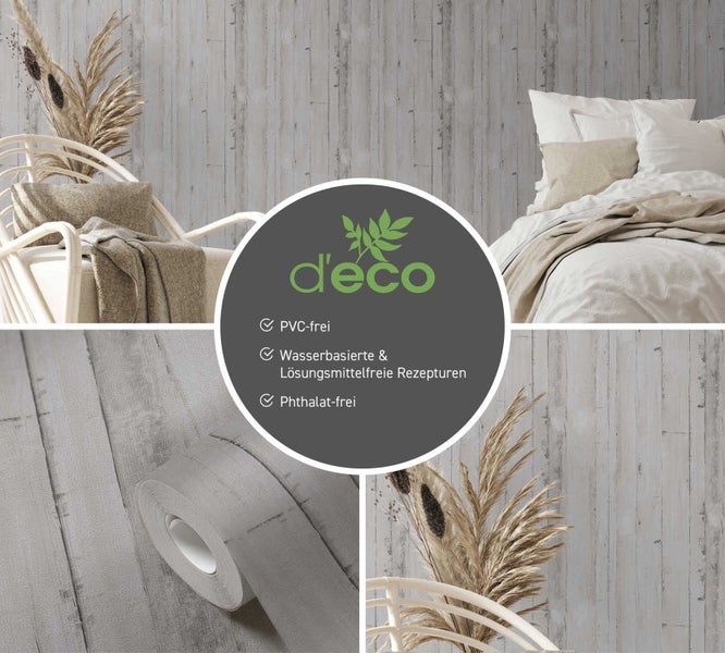 d'eco Logo. Tapete in Holzoptik, PVC-frei, wasserbasiert und lösemittelfreie Rezepturen, phthalatfrei.