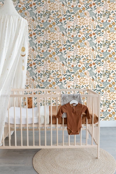 ESTAhome Tapete Blumen und Vögel Graublau, Olivgrün und Ockergelb - 53 cm x 10.05 m - 139865