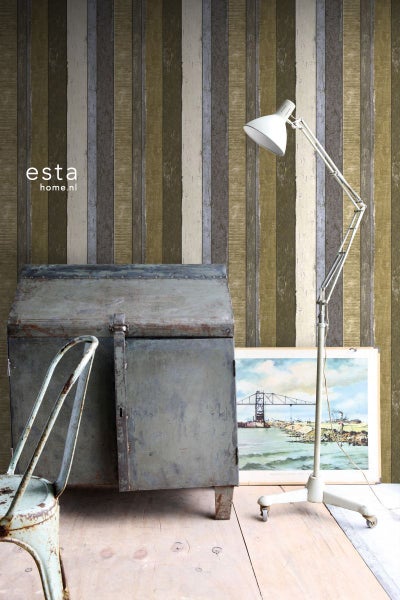 ESTAhome Tapete Holzoptik Beige, Blau und Khakigrün - 53 cm x 10.05 m - 138253