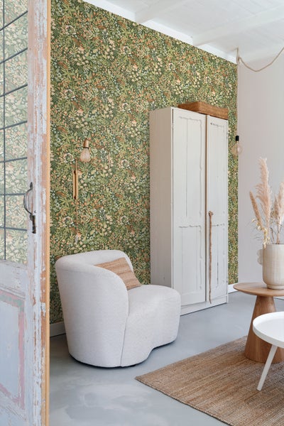 ESTAhome Tapete Feldblumen Grün und Orange - 50 x 900 cm - 131352