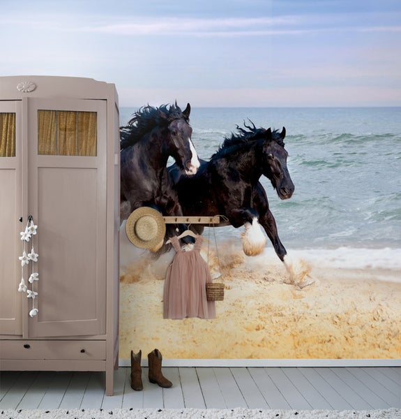 Dekoratives Interieur mit einem Kleiderschrank, einem Wandbild von Pferden am Strand, einem Hut, einem Kleid und Stiefeln.