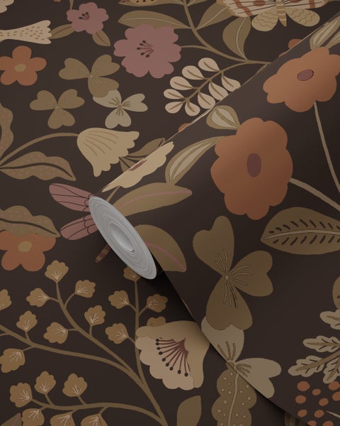 ESTAhome Tapete Blumen und Vögel Dunkelbraun, Olivgrün und Violett - 50 x 900 cm - 139872