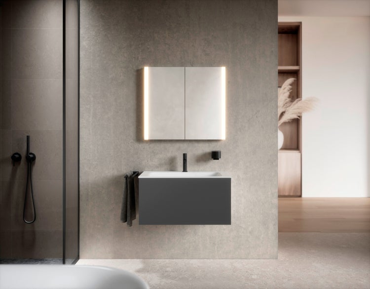 KEUCO Royal Mia Aufputz-LED-Spiegelschrank 80cm, 2 Türen, Spiegelheizung, Seiten schwarz