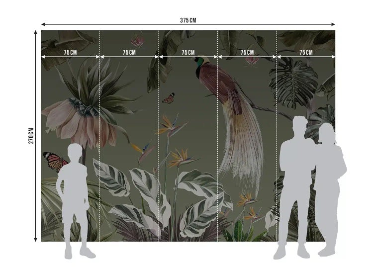 Fototapete mit Paradiesvogel, tropischen Pflanzen, Blumen und Schmetterlingen. Maße 375 mal 270 Zentimeter, 5 Bahnen à 75 Zentimeter.