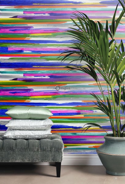 Origin Wallcoverings Fototapete horizontal gemalte Streifen Lila, Rosa, Blau, Gelb und Grün - 200 x 279 cm - 357204