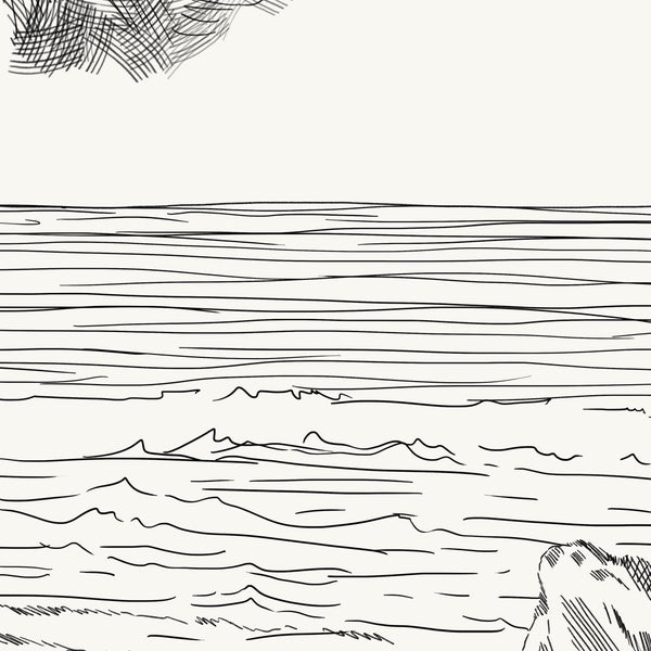 Illustration einer Küstenlandschaft mit Meer und Felsen