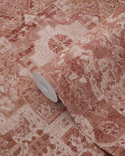 ESTAhome Tapete orientalisches Kelim-Patchwork dunkel Terrakotta-Rosa - 50 x 900 cm - 131364