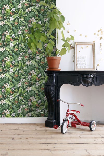 ESTAhome XXL-Vliestapete tropische Blätter und Blüten Emeraldgrün - 50 x 900 cm - 158893
