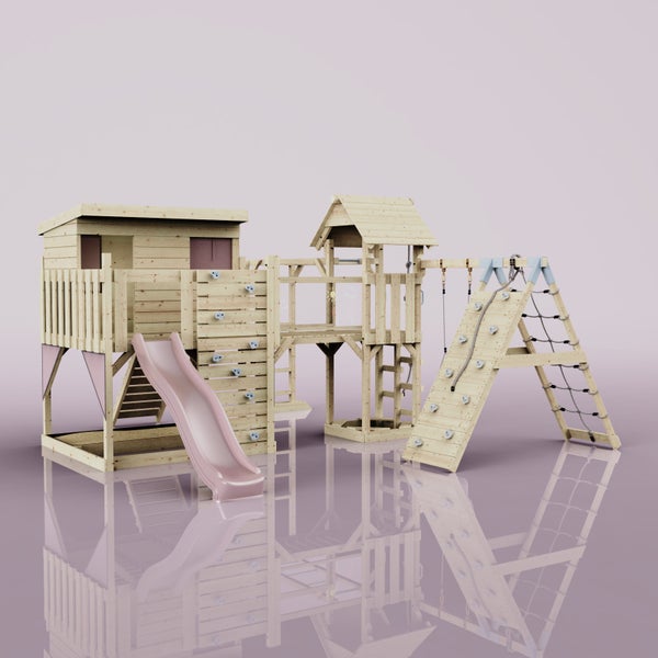 Spielplatz mit Spielhaus, Kletterwand, Rutsche und Kletternetz für Kinder