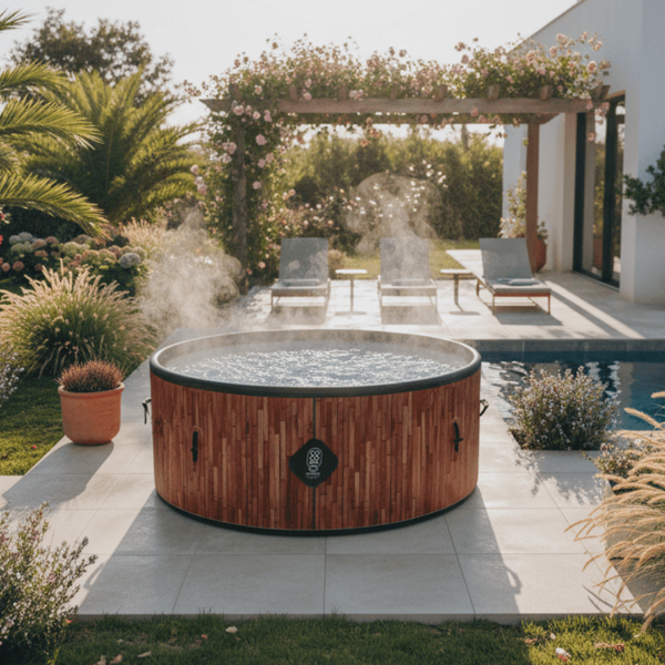 Runder aufblasbarer Whirlpool in Holzoptik mit dampfendem Wasser auf hellen Terrassenfliesen, Garten mit Pool und Pergola im Hintergrund.