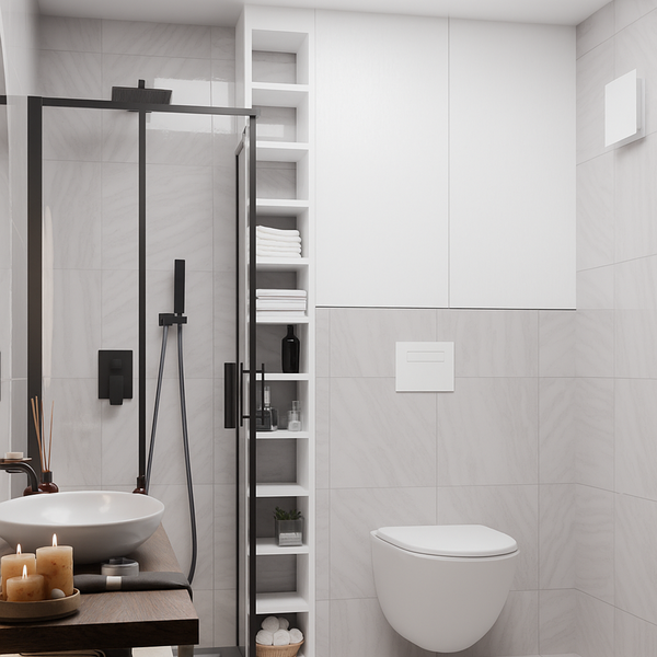 Helles Badezimmer mit Dusche, Waschbecken und Toilette