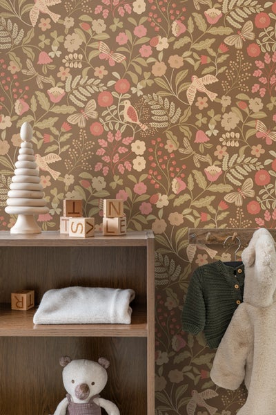 ESTAhome Tapete Blumen und Vögel Graugrün und Rosa - 50 x 900 cm - 131468