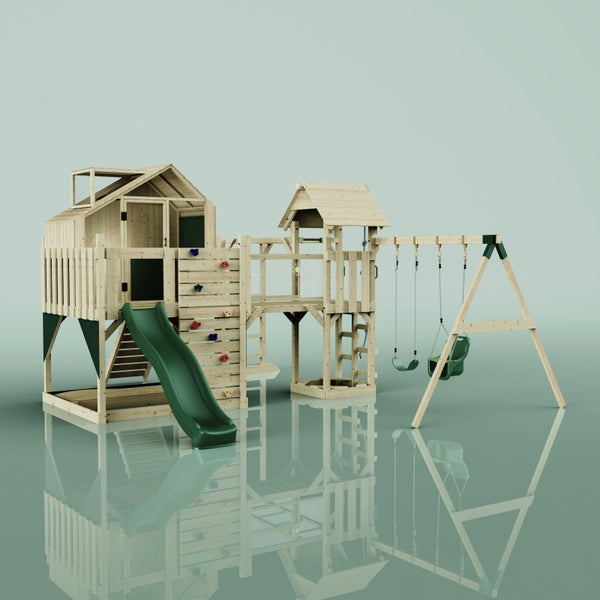 Spielplatz aus Holz mit Rutsche, Kletterwand und Schaukel