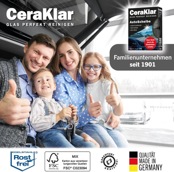 Lächelnde Familie im Auto mit CeraKlar Scheibenreiniger, FSC-zertifiziertem Karton, rostfreiem Edelstahl und hergestellt in Deutschland.