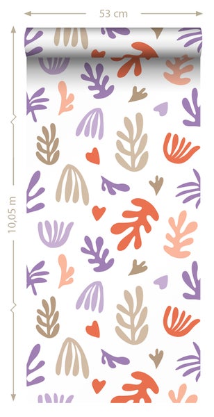 ESTAhome Tapete Pflanzen im Matisse-Stil Beige, Orange und Lila - 50 x 900 cm - 131018
