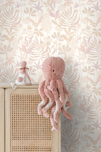 ESTAhome Tapete tropische Blätter und Blüten Beige - 50 x 900 cm - 130995