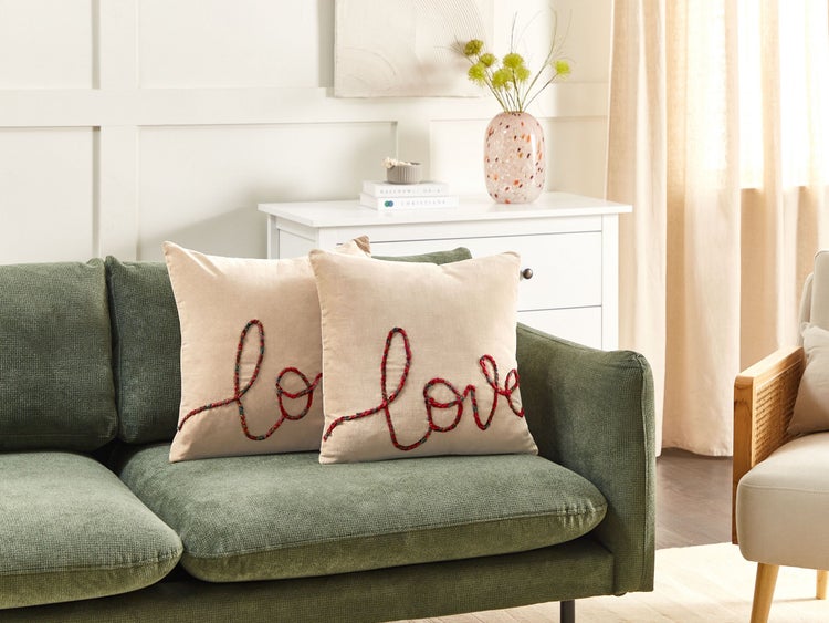 Dekokissen 2er Set ROTALA Baumwolle 45 x 45 cm Beige Mit Aufschrift
