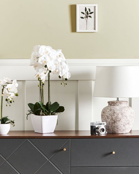 Dekoratives Interieur mit Kunstblumen, Lampe und Kamera auf Kommode