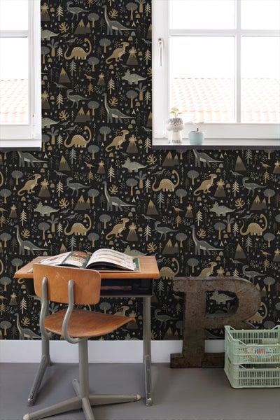 ESTAhome Tapete Dinosaurier Graublau, Braun und Schwarz - 50 x 900 cm - 139803