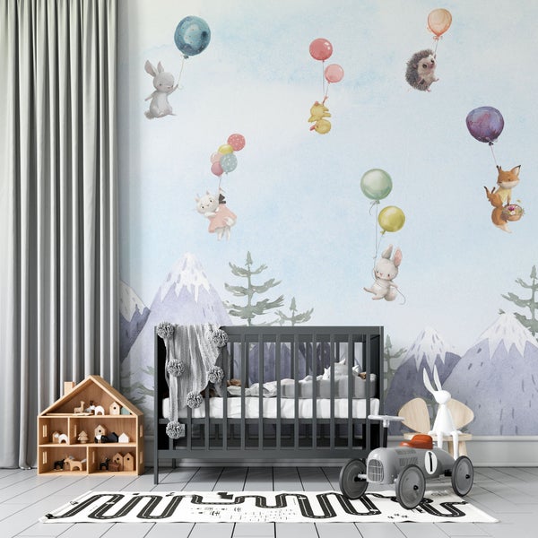 Kindertapete Berge und Tiere Aquarell 600 x 300 cm