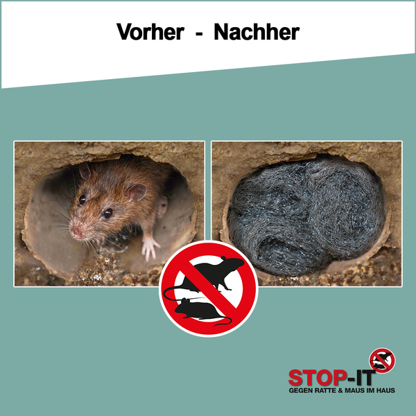 Vorher-Nachher-Vergleich einer Ratte in einem Loch und demselben mit Stahlwolle verschlossenen Loch zur Abwehr von Nagetieren. STOP-IT Logo.