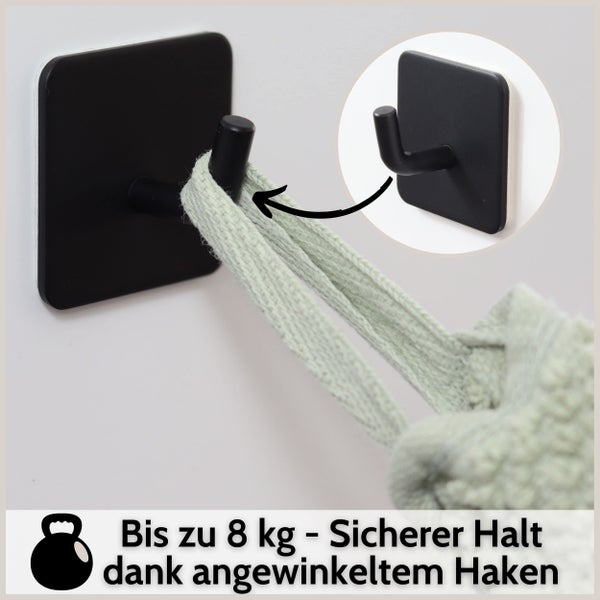 Selbstklebender Wandhaken mit angewinkeltem Design für sicheren Halt bis zu 8 Kilogramm.