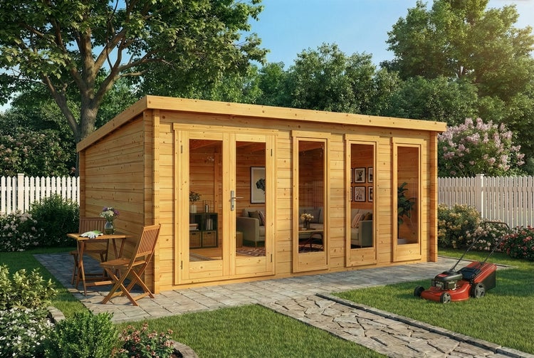 Modernes Gartenhaus aus Holz mit Pultdach und Glasfronten, eingerichtet als geräumiger Wohnraum im Garten mit Sitzgruppe und Rasenmäher.