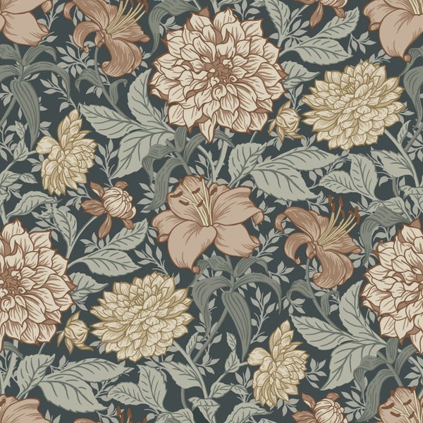 ESTAhome Tapete Blumenmuster Dunkelblau - 53 cm x 10.05 m - 139641