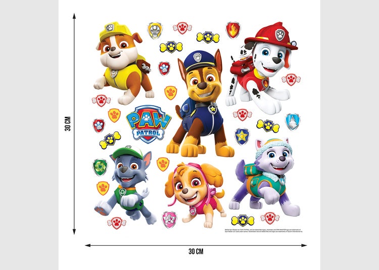 PAW Patrol Wandsticker Set mit Charakteren wie Chase, Marshall und Skye, Größe 30 mal 30 Zentimeter.