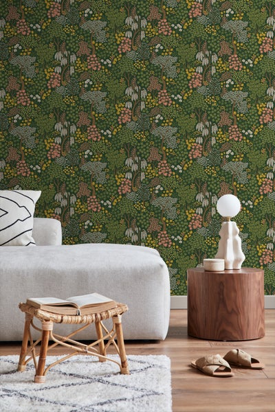 ESTAhome Tapete Bäumen und Blumen Grün, Rosa und Gelb - 50 x 900 cm - 131189