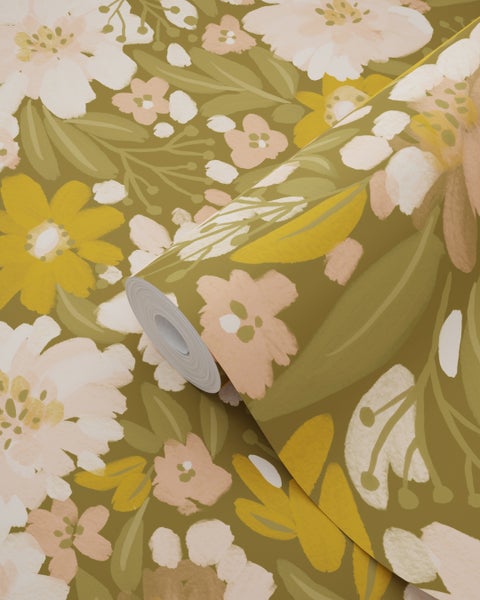 ESTAhome Tapete Blumen Olivgrün, Hellrosa und Senfgelb - 50 x 900 cm - 130927