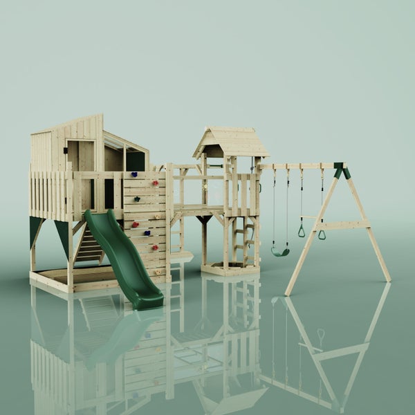 Spielplatz mit Rutsche, Kletterwand und Schaukel aus Holz