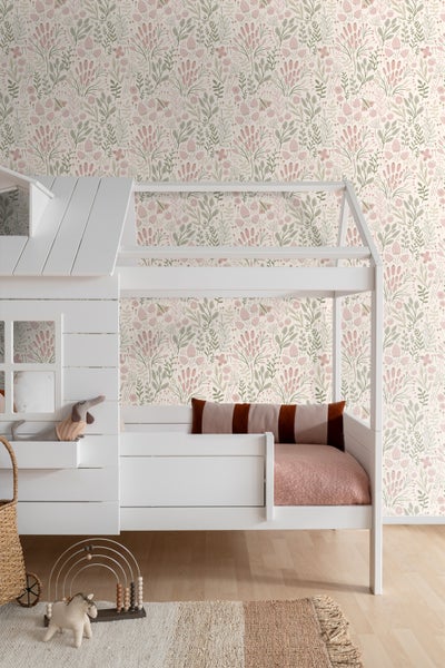 ESTAhome Tapete Blätter und Blumen Weiß und Hellrosa - 50 x 900 cm - 131384