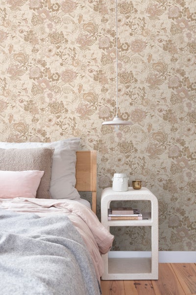 ESTAhome Tapete Blumenmuster Beige und Altrosa - 53 cm x 10.05 m - 139763