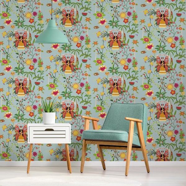 Tapete mit Frida Kahlo Motiv, Blumen und Pflanzen