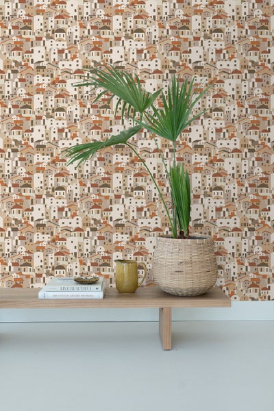 ESTAhome Tapete Mediterrane Häuser Beige und Terrakotta - 50 x 900 cm - 139623