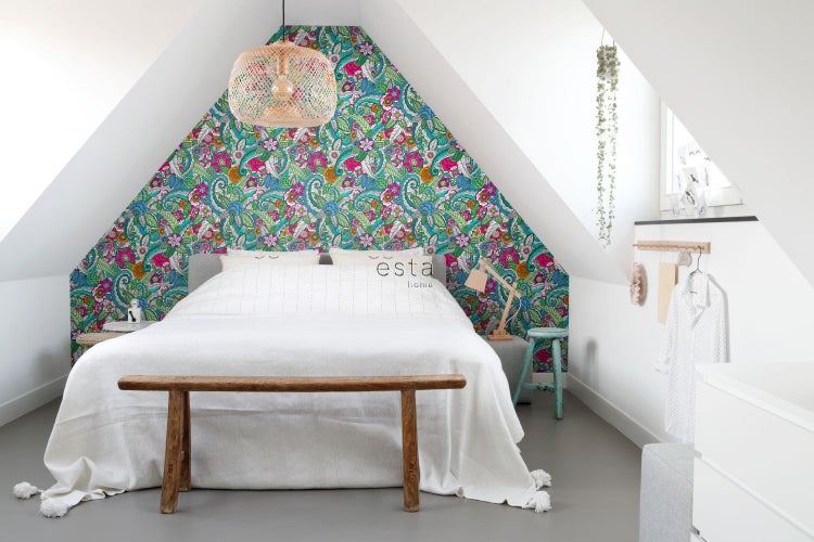 ESTAhome XXL-Vliestapete Blumenmandalas Rosa, Grün, Orange, Lila und Blau - 50 x 900 cm - 158608
