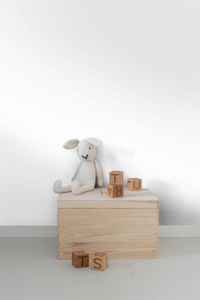 Häschen-Stofftier auf einer Holzkiste mit Holzbuchstaben-Spielwürfeln