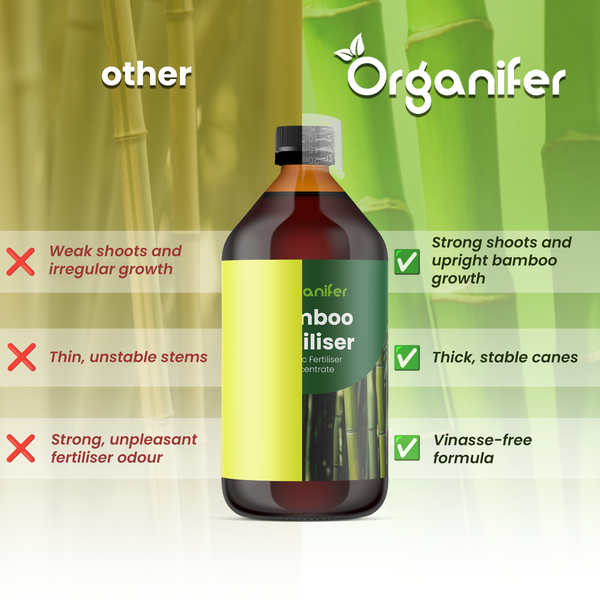 Vergleich von Organifer Bambusdünger mit anderen Produkten: starke Triebe, aufrechter Wuchs, dicke Halme und vinassefreie Formel. Organifer Logo.