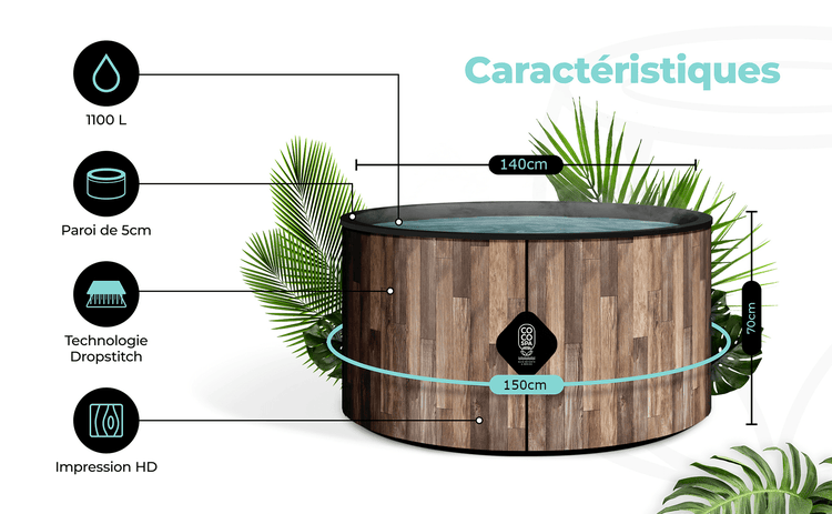 Aufblasbarer Whirlpool Holzoptik mit COCO SPA Logo: 1100 Liter, 5 Zentimeter Wandstärke, Dropstitch. Durchmesser 140 und 150 Zentimeter, Höhe 70.